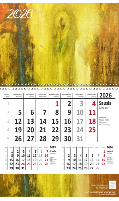 Vienos dalies sieninis kalendorius ,,Šviesa" 2026