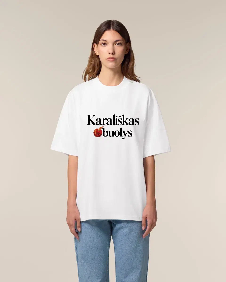 Oversize marškinėliai su užrašu ,,Karališkas obuolys"- I variantas(obuoliukas žodžio pradžioje)