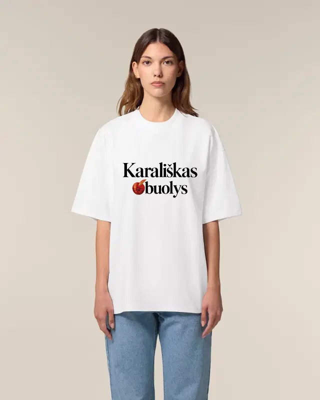 Oversize marškinėliai su užrašu ,,Karališkas obuolys"- I variantas(obuoliukas žodžio pradžioje)