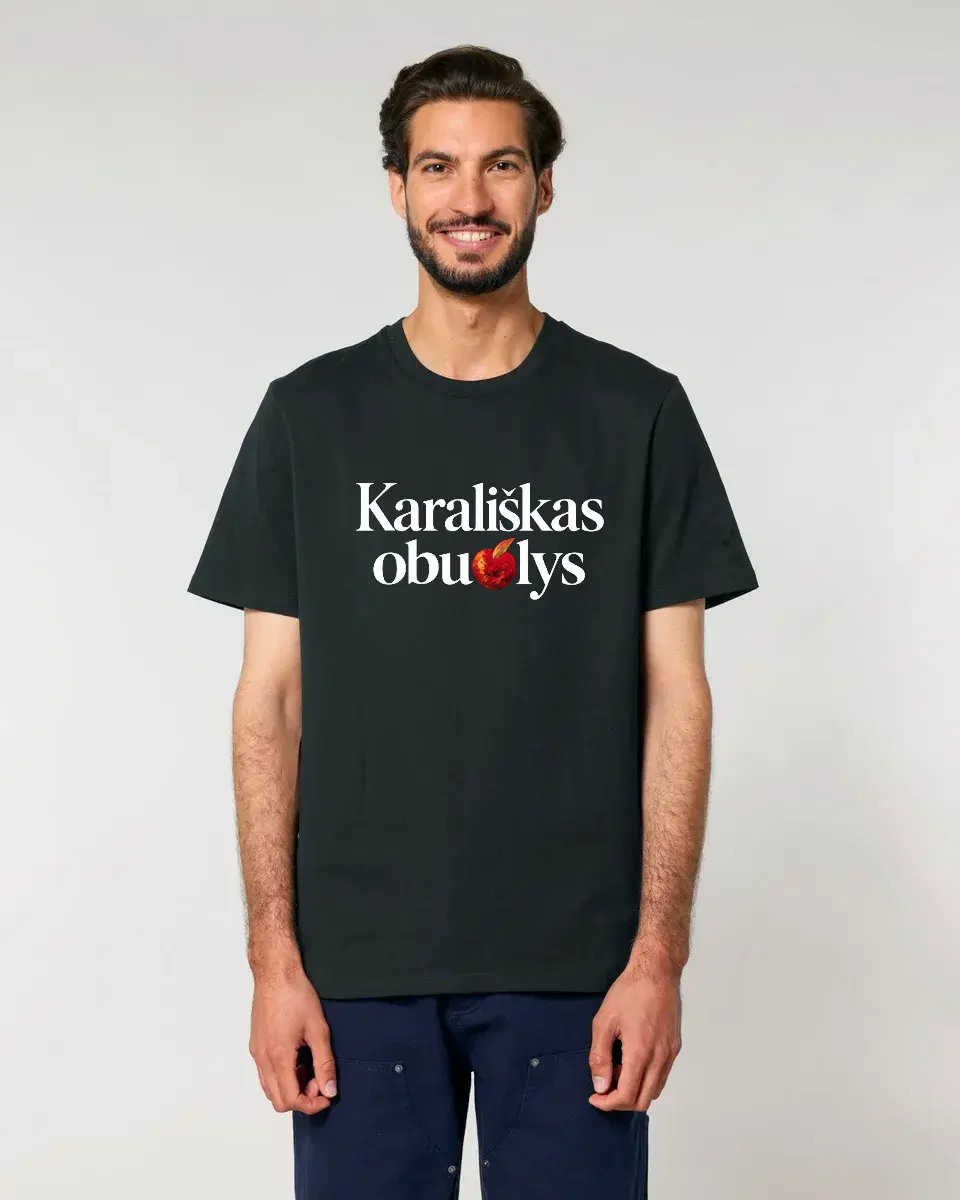 Ikoniški Kūrėjo marškinėliai su užrašu ,,Karališkas obuolys" - II variantas(obuoliukas žodžio viduryje)